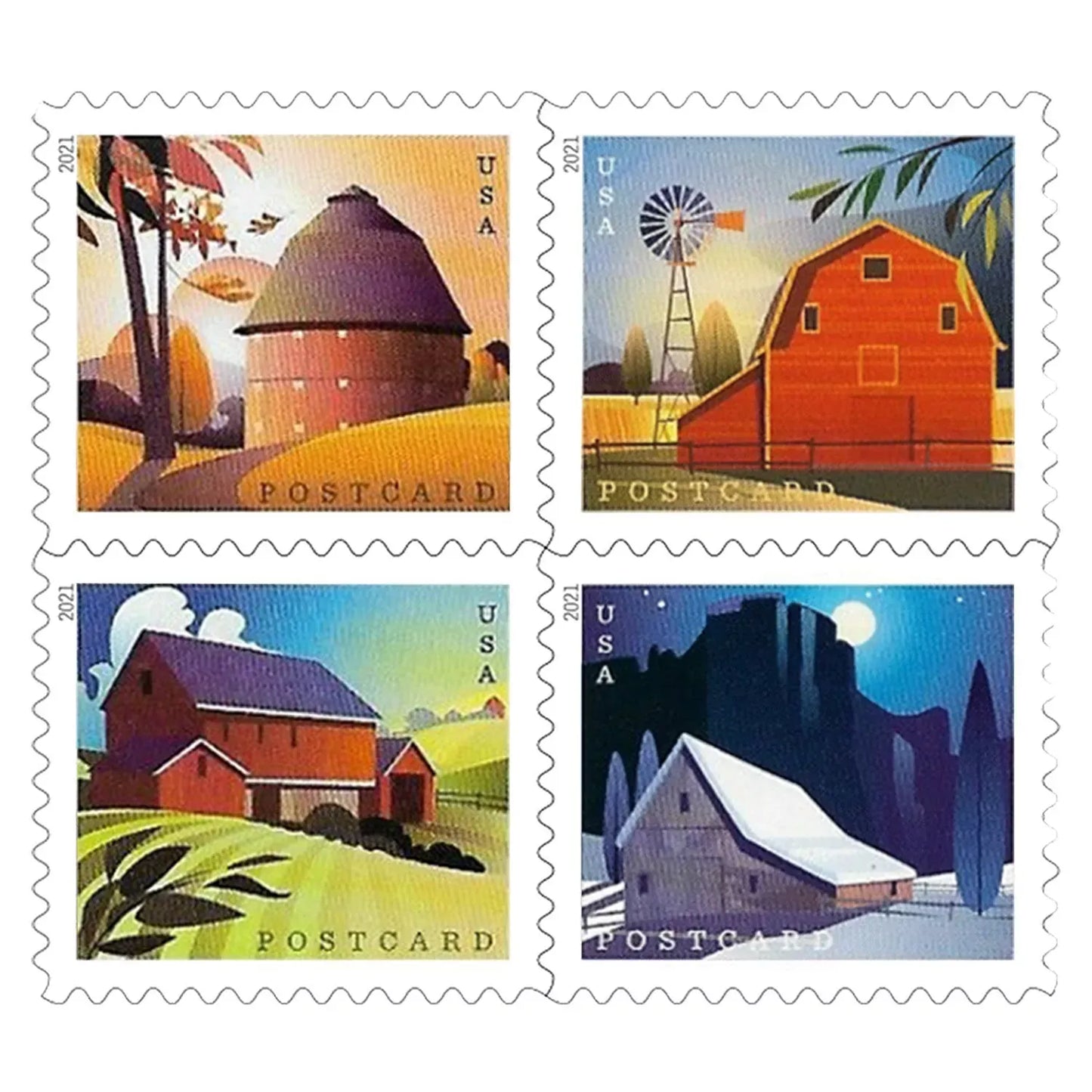 (2021) USPS Barns Postcard Forever Postage Stamps