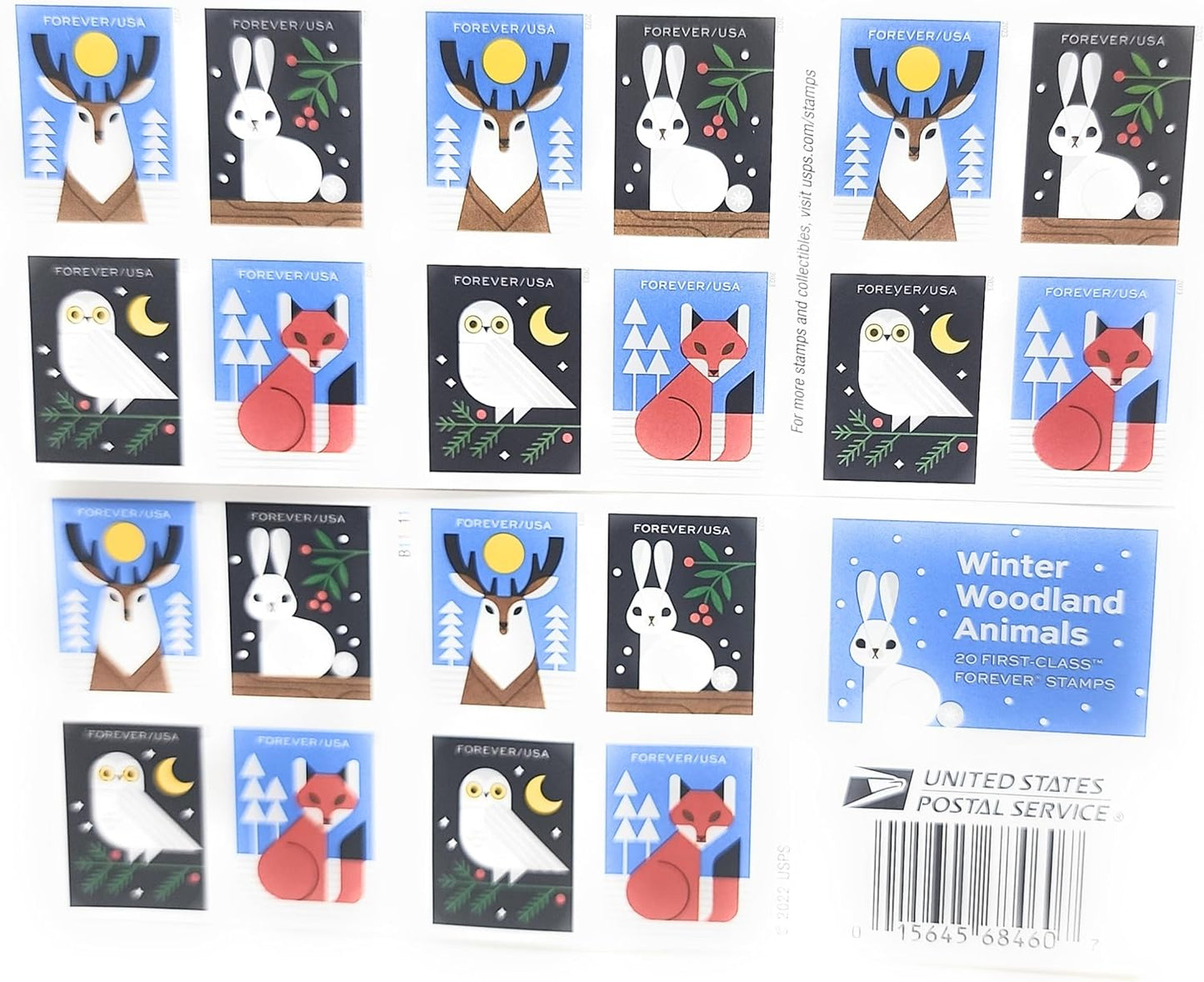 2023 Winter Woodland Animals Forever Postage Stamps (a Deer. Fox. Rabbit. and Owl