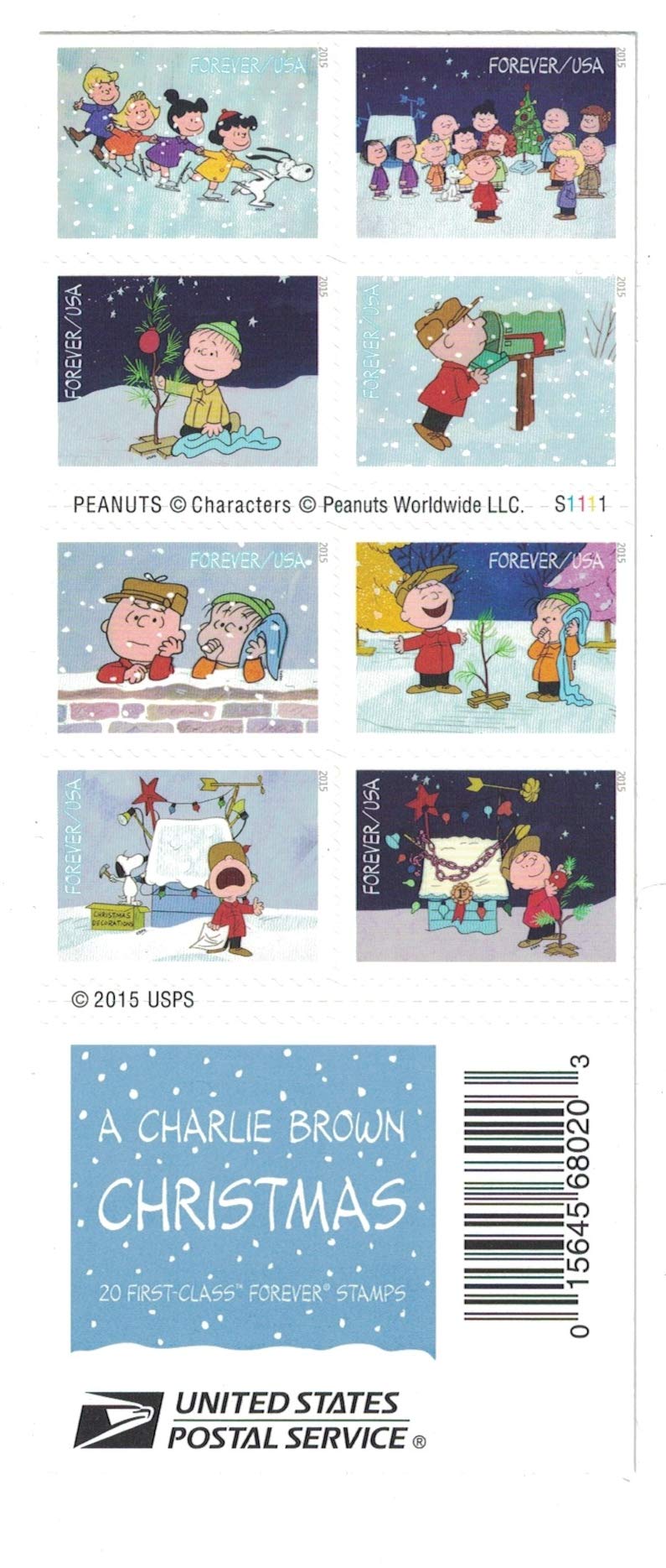2015 USPS Charlie Brown Xmas Pane of 20 Forever Postage Stamps