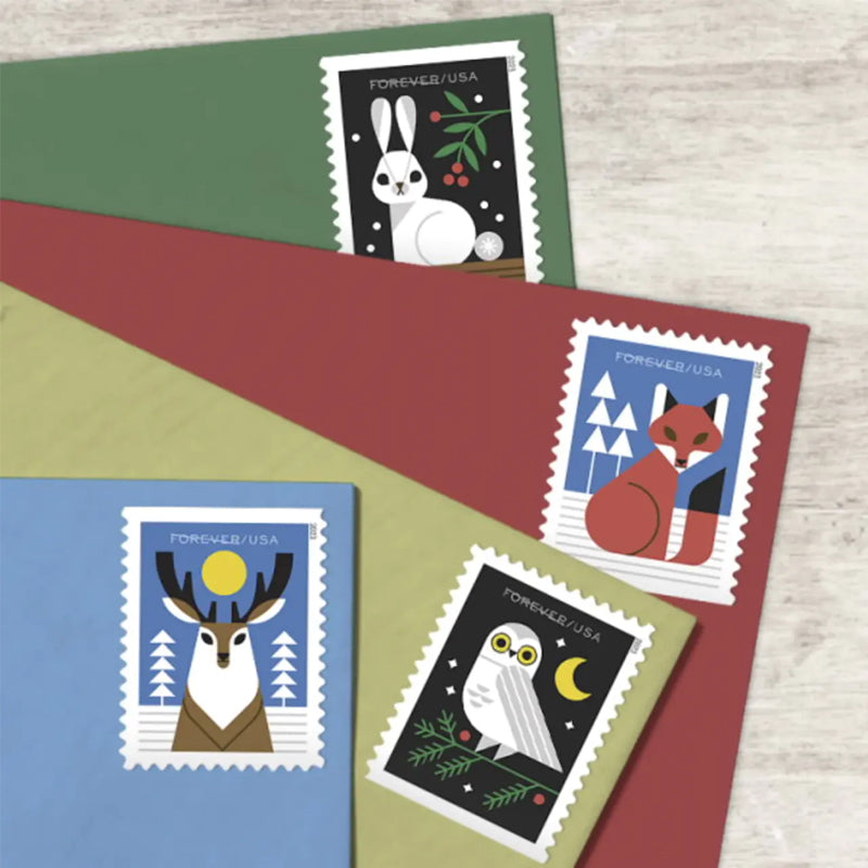 2023 Winter Woodland Animals Forever Postage Stamps (a Deer. Fox. Rabbit. and Owl